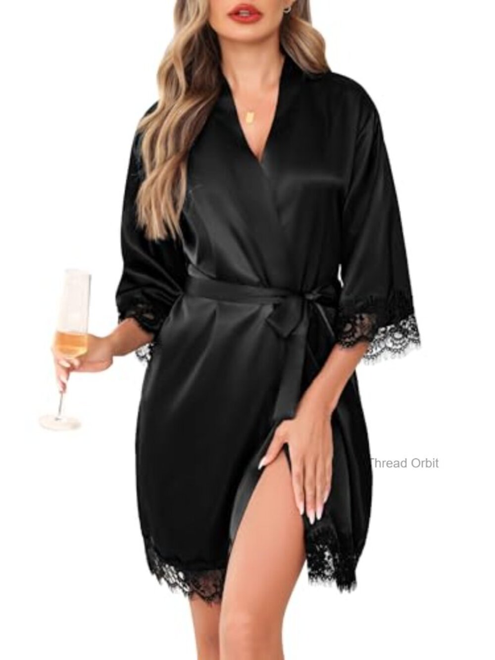 Satin Robe Women 3/4 Sleeve Kimono Bathrobe Lace Trim